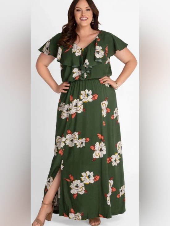 Kiyonna Dresses & Skirts - Kiyonna Floral Maxi Dress 3X Olive Green Flutter Sleeve V-Neck Plus Size